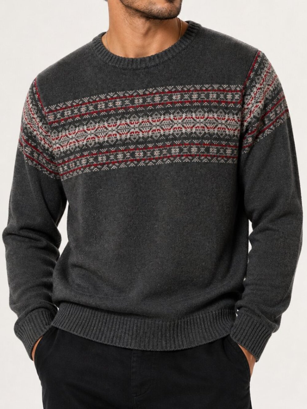 CHAPS Nordic Fair Isle Cotton Sweater Gray Mens XL